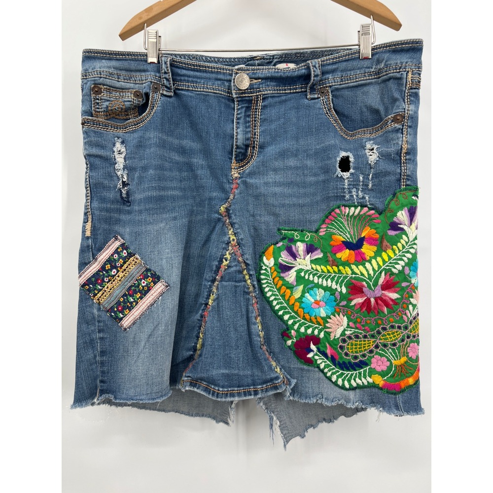 Women's Seven 7 Luxe Sz 18 Denim Embroidered Mini Skirt Boho Hippy